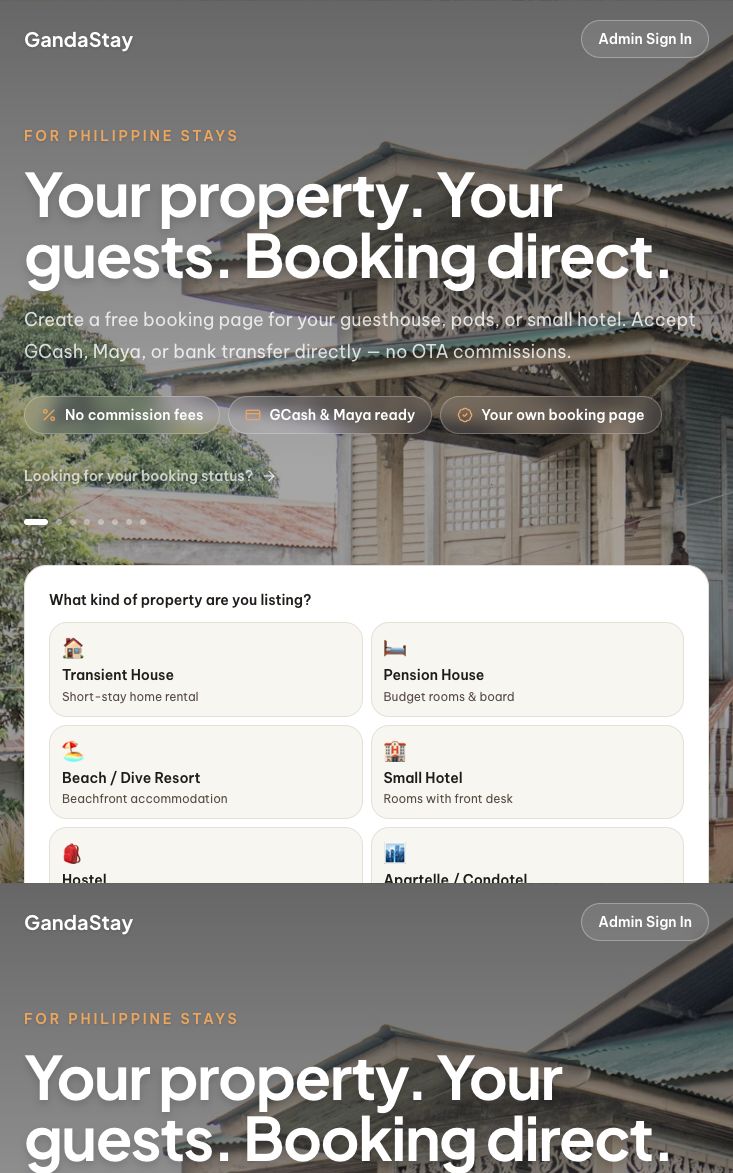 GandaStay owner page for creating a booking page